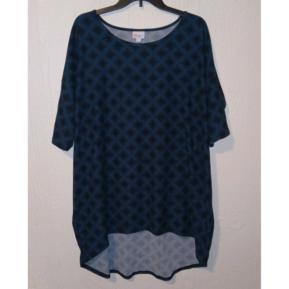 LuLaRoe Irma Tunic Top Women XL Teal Black Diamond High Low Short Sleeve
